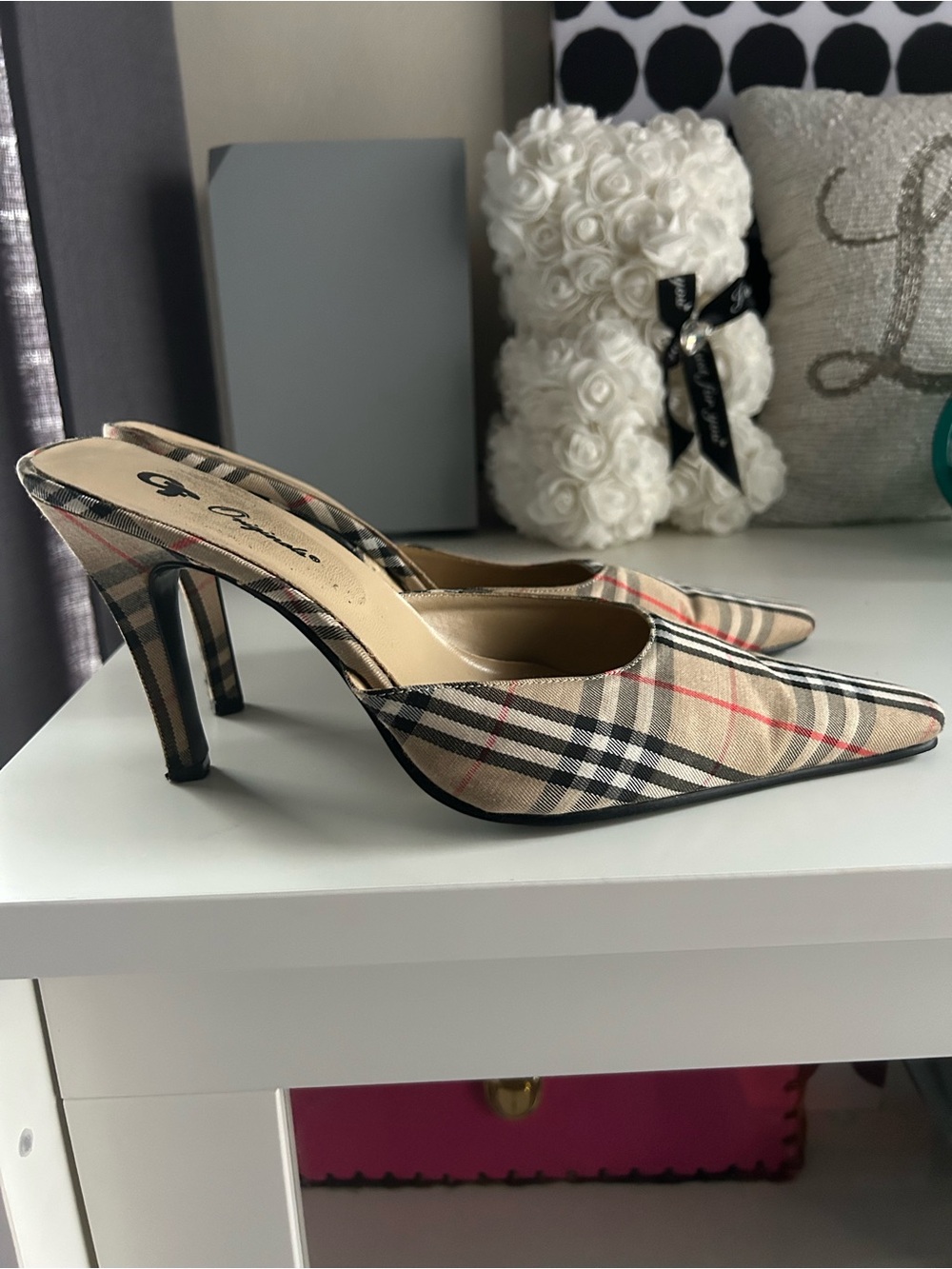 Plaid Pointed-Toe Women’s Mule Heels - Beige Plaid
